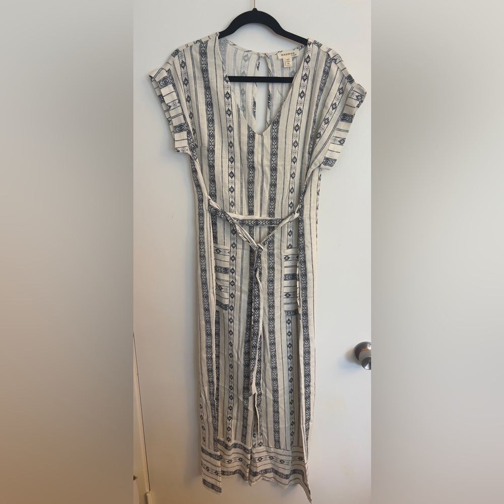 Monteau Jumpsuit Blue and Cream Linen Blend Size M